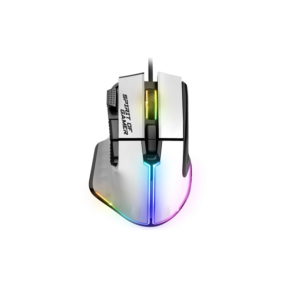 Spirit of Gamer Egér - PRO-M5 Arctic (Optikai, 12800DPI, 1000Hz, 8 gomb, harisnyázott kábel, fehér)