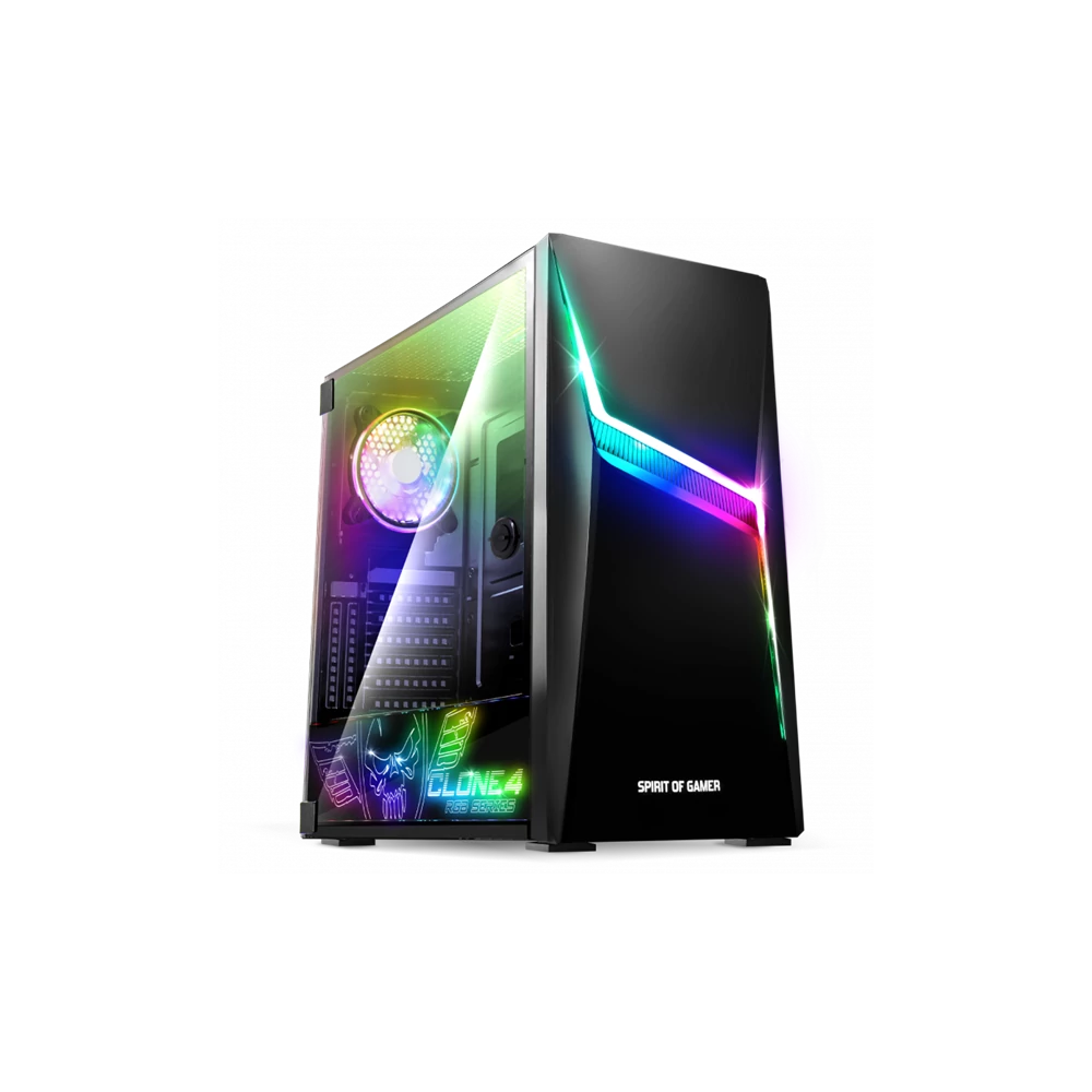 Spirit of Gamer Számítógépház - CLONE 4 Black (fekete, ablakos, 8x12cm ventilátor, alsó táp,  ATX, 1xUSB3.0, 2xUSB2.0)