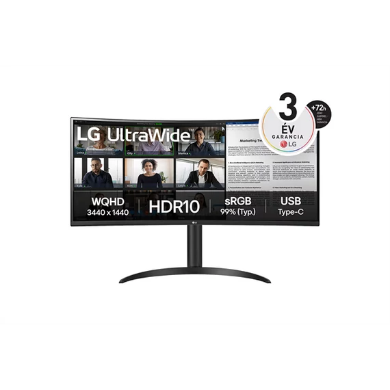 LG Monitor 34" - 34WR55QK-B (VA; Ívelt, 21:9; 3440x1440; 5ms; 300cd; 100Hz, HDMIx2, DP; USB; HDR10; sRGB99%; mag áll)