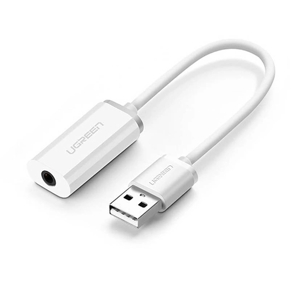 UGREEN US206 Audio adapter, USB 3,5 mm-es mini jack 3,5 mm-es AUX csatlakozó, 15 cm (fehér)