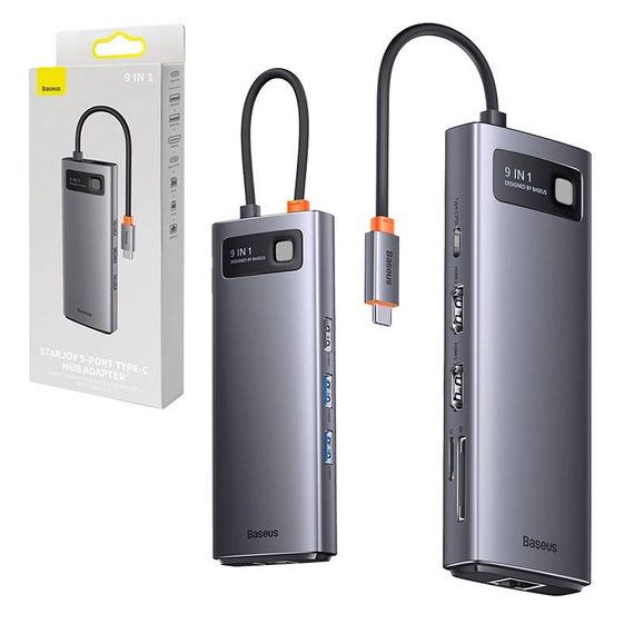 Baseus Metal Gleam Series 9 az 1-ben hub, USB-C - 32x USB 3.0 + 2x HDMI + USB 2.0 + USB-C PD + Ethernet RJ45 + microSD/SD