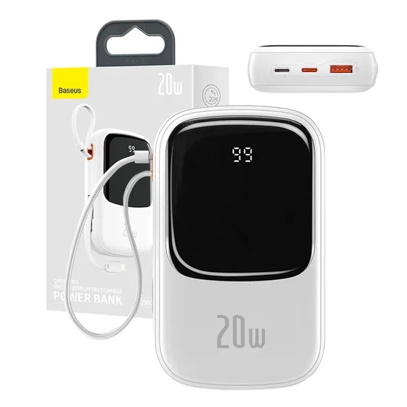 Powerbank Baseus Qpow PRO Lightning kábellel, USB-C és USB porttal, 20000mAh, 20W (fehér)
