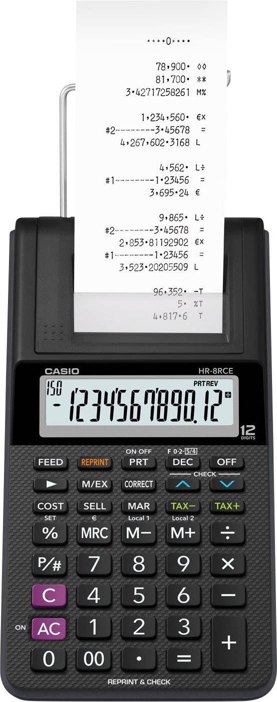 Casio HR-8RCE-BK Nyomtató asztali számológép Elemekről üzemeltetett, Hálózatról üzemeltetett