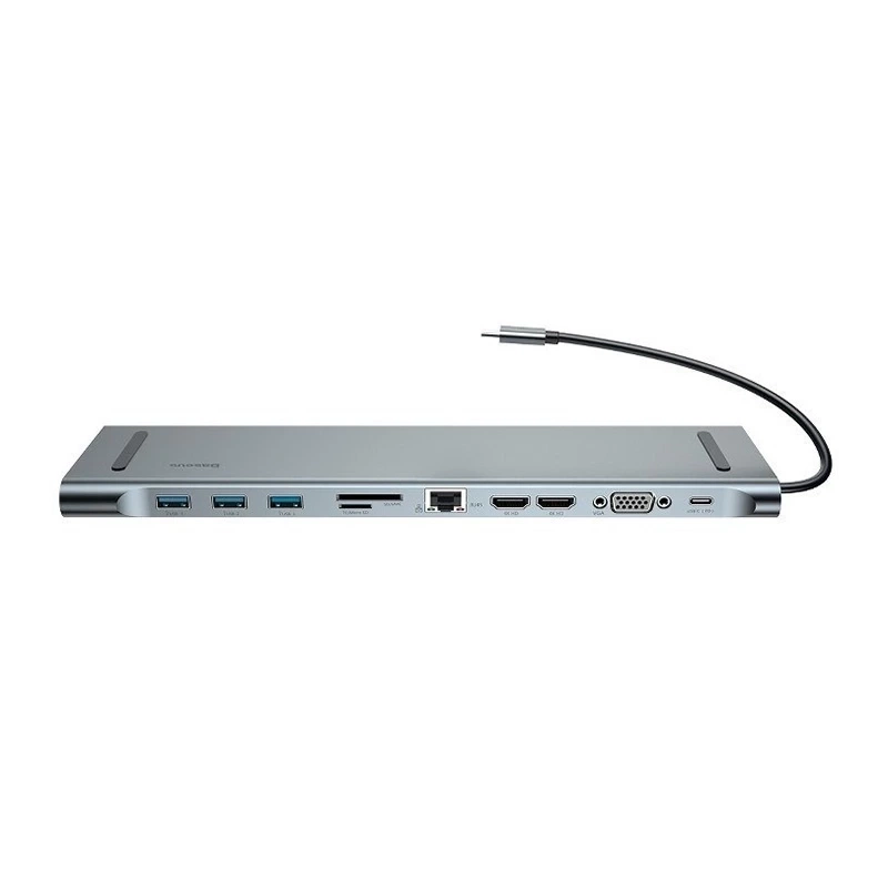 Baseus Enjoyment 11 az 1-ben adapter HUB USB-C csatlakozóval, 2x HDMI, 3x USB 3.0, VGA, RJ45, USB-C PD, SD/microSD kártyaolvasóval és 3,5 mm-es jack csatlakozóval
